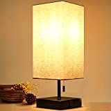 Bedside Table Lamp - Minimalist Nightstand Lamps with 2 USB Charing Ports, Lamps for Bedrooms,Living Room,Office,Fabric Linen Lamp Shade,Modern Desk Lamp with Black Metal Base and Chain Switch