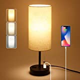 USB Bedside Table Lamp, 2700K 4000k 5000K Nightstand Lamp with Pull Chain, Bedside Lamp with USB Port & AC Outlet, Table Lamps for Bedrooms Living Room, Bulb Included, Fabric Linen Lamp Shade, 1PK