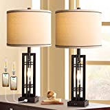 Set of 2 Table Lamps with USB Ports, 27.5' Tall Farmhouse Table Lamp with 2 LED Nightlight Blubs, Bedside Lamp Oil Rubbed Bronze Off White Oatmeal Shade for Living Room Bedroom Home Office