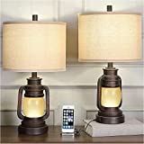 Lantern Table Lamp Set of 2 with Nightlight USB AC Power Outlet Dark Bronze Linen Fabric Hardback Shade Home Decor for Living Room Bedroom House Bedside Nightstand Home Office Family