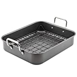Rachael Ray Bakeware Nonstick Roaster/Roasting Pan with Reversible Rack, 16.5 Inch x 13.5 Inch, Gray