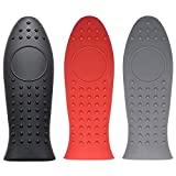 GOBETTO Cast Iron Handle Cover, 3 Pack Extra-Thick Silicone Pot Holders Handle Covers for Pans, Griddles and Cast Iron Skillets Over 10.5 Inches Diameter, Black, Red, Grey