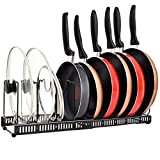 JANFOUR Expandable Pots and Pans Organizer for Cabinet, Adjustable Pot Rack Organizers Pans and Pots Lid Holder for Kitchen Cabinet ,Cookware Baking Frying Rack with 10 Adjustable Compartments,Black