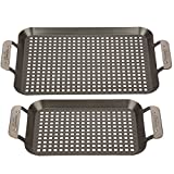 Grill Topper BBQ Grilling Pans (Set of 2) - Non-Stick Barbecue Trays w Stainless Steel Handles for Meat, Vegetables, and Seafood