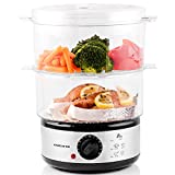 Ovente Electric Food Steamer 5 Quart Double Tier Stackable Portable BPA-Free Basket with 400 Watt Power Stainless Steel Base Steamer 60-Minute Timer Fast Steaming for Vegetable and Fish, Silver FS62S