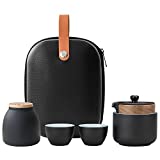 HEER Chinese Ceramic Tea Set with 1 Teapot and 3 Cups for Adults, Japanese Handmade Portable Travel Gongfu/Kungfu Tea Pot with Teacups and Case for Home Office, Wood Handle, Black Onyx Cover Button.