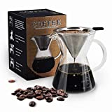 Pour Over Coffee Maker Serving Set with Reusable Stainless Steel Filter, 3 Cup Serving Coffee Glass, Heat Resistant, 14 fl oz