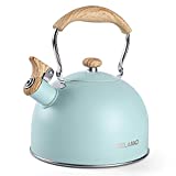 Tea Kettle, BELANKO 85 OZ / 2.5 Liter Whistling Tea Kettle, Tea Pots for Stove Top Food Grade Stainless Steel with Wood Pattern Folding Handle, Loud Whistle Kettle for Tea, Coffee, Milk - Turquoise