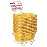 Only Hangers Plastic Shopping Baskets - Durable Yellow Plastic Set of Shopping Baskets with Stand and Sign - Set of 12 Plastic Baskets with Metal Handles