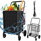 Jumbo Shopping Cart for Groceries, Upgraded Folding Shopping Cart with Waterproof Liner, 360° Rolling Swivel Wheels and Double Baskets, Heavy Duty Grocery Cart for Shopping Laundry-Hold Up to 310 LBS