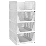 Pinkpum Stackable Plastic Storage Basket-Foldable Closet Organizers Storage Bins 4 Pack-Drawer Shelf Storage Container for Wardrobe Cupboard Kitchen Bathroom Office 4L