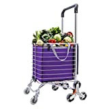 Grocery Cart Large Heavy Duty Stair Climbing Cart with 8 Wheels,Shopping Carts for Groceries Double Handle Rolling Grocery Laundry Foldable Utility Shopping Cart(Purple)
