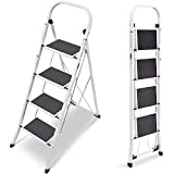 TOOLF 4 Step Ladder, Folding Step Stool with Handgrip, Metal Ladder with Anti-Slip Rubber Feet and Wide Pedal, Portable Step Ladder White and Black 4-Feet