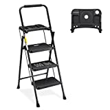 HBTower 3 Step Ladder with Tool Tray, Folding Step Stool with Wide Non-Slip Pedal and Comfort Handgrip for Household and Office, Lightweight 500lbs Capacity Step Ladder, Black