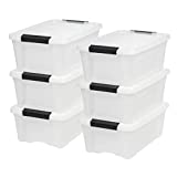 IRIS USA 12 Qt. Plastic Storage Bin Tote Organizing Container with Durable Lid and Secure Latching Buckles, Stackable and Nestable, 6 Pack, Pearl with Black Buckle