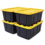 Black & Yellow 27-Gallon Tough Storage Containers with Lids, Extremely Durable ®, Stackable, 4 Pack, Black
