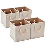EZOWare Set of 4 Bamboo Fabric Storage Bins with Cotton Rope Handle, 10.5 x 10.5 x 11 inch Foldable Organizer Basket Cube for Nursery Toys– Beige