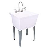 Utility Sink Laundry Tub with Stainless Steel High Rise Faucet by Maya with Side Sprayer, Large Basin, and Metal Legs, Great for Workroom, Shop, Garage, Basement, Mud Room (White Tub)