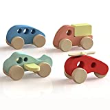 Timber Kid Toys Wooden Cars for Toddlers - Montessori Toy Cars Set , 4 PCS Wooden Push Toys Airplane, Helicopter, Truck, Car / Baby Fine Motor Skills Development