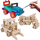 Glintoper Woodworking Building Kit, 3 DIY Carpentry Construction Wooden Model Toy for Boys Girls, Easy Assemble & Paint Motorcycle, Forklift Truck and Convertible Car, 3D Art Craft Wood Toys for Kids