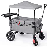 EVER ADVANCED Foldable Wagons for Two Kids & Cargo, Collapsible Folding Stroller with Adjustable Handle Bar,Removable Canopy with 5-Point Harness
