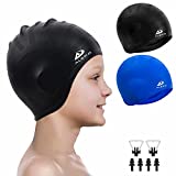 2 Pack Kids Swim Caps for Boys Girls, Durable Silicone Swimming Cap with 3D Ear Pockets for Age 3-15 Toddler Child Youth Teen, Unisex Swim Bath Hats for Short/Long Hair with Ear Plugs Nose Clip-1