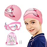 TCJJ Kids Swim Cap with Swimming Goggles and Swim Bag for Girls Boys(Age 3-15), Silicone Waterproof Swimming and Bathing Caps for Long and Short Hair Child Toddler Teens