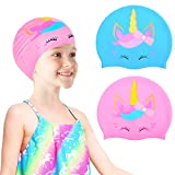 Sylfairy 2 pcs Kids Swim Cap Silicone Swimming Cap for Boys Girls (Age 4-8) Cover Ears Waterproof Bathing Cap Keep Hair Dry Swimming Hat for Long and Short Hair, Unicorn