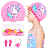 Girls Swim Caps for Kids (Age 4-8), Unicorn Waterproof Silicone Swimming Cap for Short/Long Hair with Swimming Goggles, Ear Plug and Nose Clip, Pink