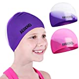 Aegend Kids Swim Cap (Age 4-8), 2 Pack, Purple & Pink