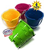 Matty's Toy Stop Beach Gear 7' Plastic Castle Mold Sand Buckets (Pails) with Easy Pour Spout and Handle Blue, Pink, Green & Yellow Party Set Bundle - 4 Pack