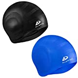 2 Pack Unisex Swim Caps with 3D Ear Protection, Durable Flexible Silicone Swimming Hats for Women Men Kids Adults, Bathing Swimming Caps for Short/Long Hair with Ear Plugs&Nose Clip