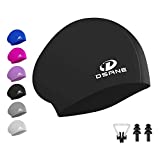 Womens Silicone Swim Cap for Long Hair,3D Ergonomic Design Silicone Swimming Caps for Women Kids Men Adults Boys Girls with Ear Plug and Nose Clip (Black)