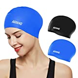 Aegend Swim Caps for Long Hair (2 Pack), Durable Silicone Swimming Caps with Spacious Space for Women Men Adults, Easy to Put On and Off, Black Blue