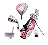 Top Line Ladies Pink Right Handed M5 Golf Club Set for Petite Ladies ( Height 5' to 5'3' ) , Includes: Driver, Wood, Hybrid, 5,6,7,8,9, PW Stainless Irons, Putter, Graphite Shafts, Bag & 3 HCs