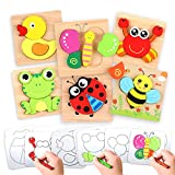 Wooden Puzzles for Toddlers - Educational Playset in Animal Pattern Shapes with Vibrant Colors, Set of 6 Brain Building Peg Puzzles for Boys and Girls with Drawstring Storage Bag
