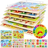 Puzzles for Kids Age 2-4 with Rack and Wooden Clock, 6 Pack Wooden Peg Puzzles for Toddlers with Storage Holder Rack, Educational Toys - Alphabet Number Animal Vehicle Shape