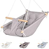 Canvas Baby Swing Hammock by Cateam - Taupe Gray - Wooden Hanging Swing Seat Chair for Baby with 5-Point Safety Belt and mounting Hardware. Baby Hammock Chair Birthday Gift.