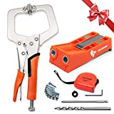 Pocket Hole Jig System Kit, Pocket Screw Jig with 9 Inch Clamp, Square Driver Bit, Hex Wrench, Depth Stop Collar, Step Drill Bit, Coarse Square Driver Screws, All In One for Joinery Work