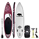 Atoll 11' Foot Inflatable Stand Up Paddle Board (6 Inches Thick, 32 inches Wide) ISUP, Bravo Hand Pump and 3 Piece Paddle, Travel Backpack and New Paddle Leash Included (Burgundy)