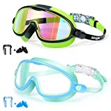 Swim Goggles 2 Pack Anti-Fog Anti-UV Wide View Swimming Goggles for Kids 3-15