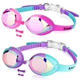 Keary 2 Pack Kids Swim Goggles Swimming Goggles for Toddler Children Girls Boys Youth, Anti-Fog Waterproof Anti-UV Clear Vision Mirror Flat Lens Water Pool Goggles with 3 Nose Piece, Pink Kids Goggles