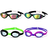 Romoc 4 Pack Kids Swim Goggles Ages 6-14 UV Protection Anti Fog No Leaking Pool Swimming Goggles for Boys Girls Youth Christmas Gift (black+purple)