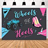MEHOFOND Heels or Wheels Gender Reveal Backdrop Blue or Pink Boy or Girl Baby Shower Party Decoration Black Photography Background Banner of Newborn Baby Cake Table Photo Props Studio Supplies 7x5ft