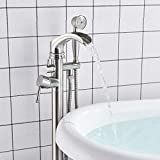 Senlesen Brushed Nickel Bathroom Single Handle Freestanding Bathtub Faucet Floor Mounted Waterfall Tub Filler with Hand Shower Set