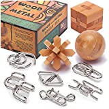 LESONG Brain Teasers Metal and Wooden Puzzles for Kids and Adults 9 Pack, Mind, IQ, and Logic Test and Handheld Disentanglement Games, 3D Coil Cast Wire Chain and Durable Wood Educational Toys