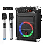 JYX Karaoke Machine with 2 UHF Wireless Microphones, Bass/Treble Bluetooth Speaker with LED Light, Support TWS, AUX In, FM, REC, Supply for Party/Adults/Kids - Black
