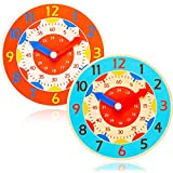 Teaching Clock 2 Pieces Wooden Teaching Clock Lovely Kids Learning Time Clock Colorful Time Teaching Clock Decorative Telling Time Teaching Clocks for Home School Classroom Kids Room Playroom