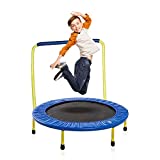 Kids Trampoline Portable & Foldable 36 Inch Round Jumping Mat for Toddler Durable Steel Metal Construction Frame with Padded Frame Cover and Handle Bar - Yellow Blue