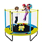 60' Trampoline for Kids, 5FT Indoor Outdoor Trampoline with Enclosure Net, Mini Baby Toddler Trampoline with Basketball Hoop, Recreational Trampolines Birthday Gifts for Children.